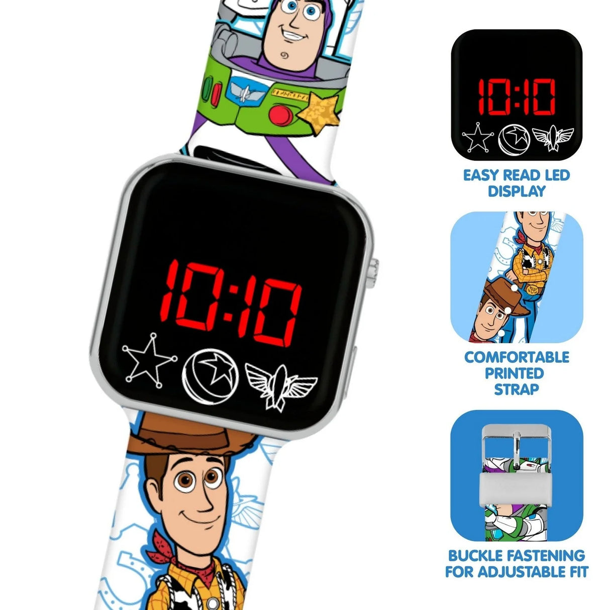 Disney Toy Story Buzz and Woody LED watch showing the LED display, printed strap and buckle fastening
