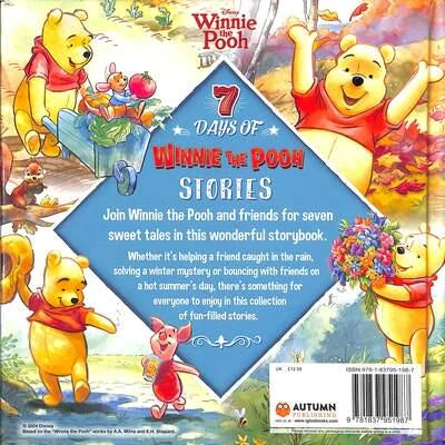 Disney Winnie the Pooh 7 Days of Winnie the Pooh Stories back cover with story summary, character artwork and barcode