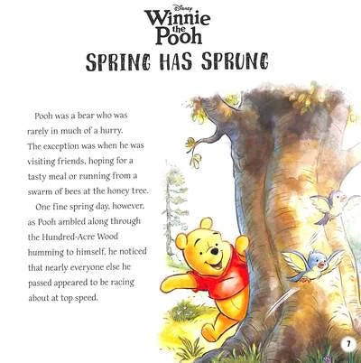 Open Disney Winnie the Pooh storybook page showing Pooh beside a tree on a Spring Has Sprung page
