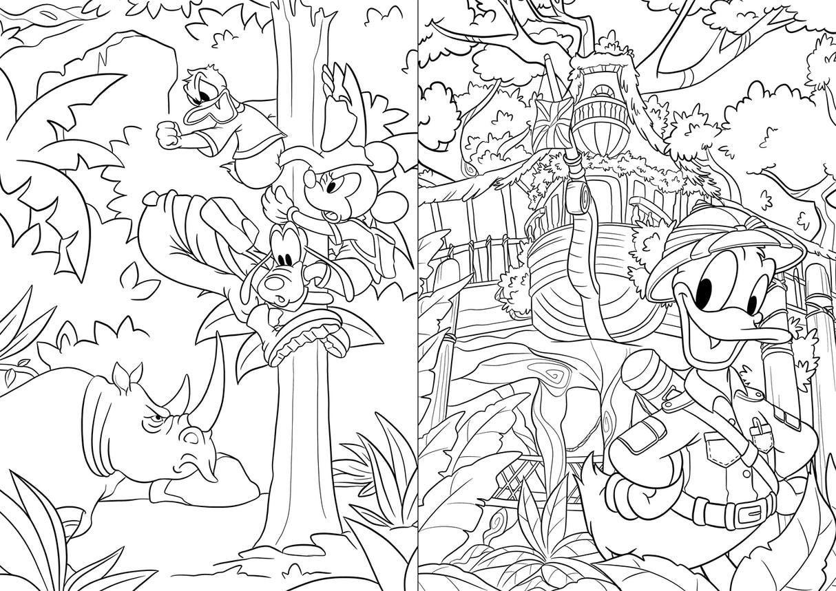 Two black-and-white Disneyland colouring pages with Mickey Mouse and Donald Duck in jungle scenes