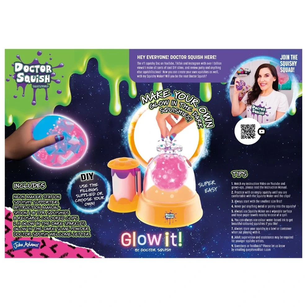Back of Doctor Squish Squishy Maker Glow It box showing the maker station, glow in the dark squishy activity, included contents and usage tips