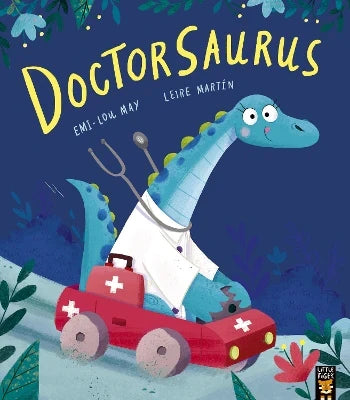 Doctorsaurus front cover showing a dinosaur doctor in a white coat