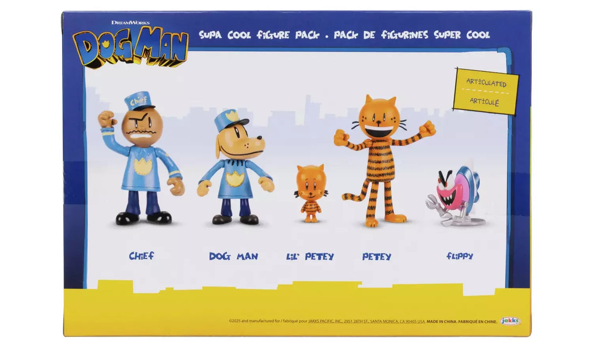 Back of Dog Man figure multipack box showing character artwork, names, and product info panels in Ireland