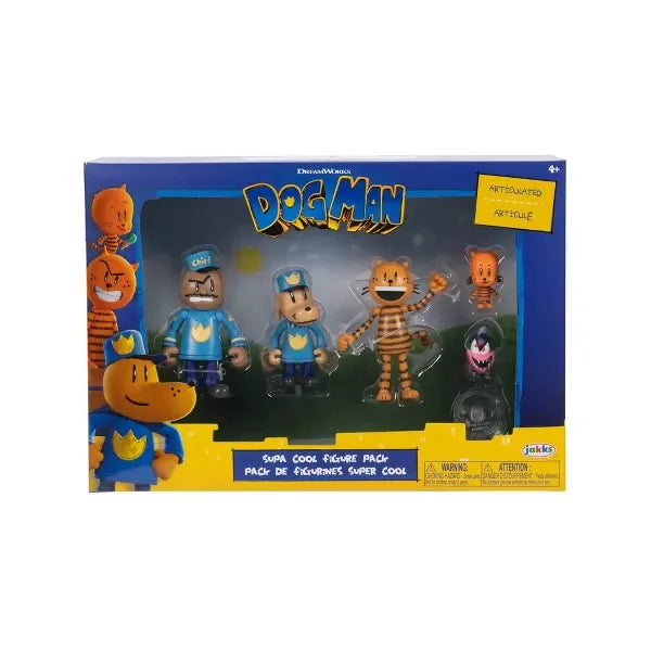 Front of Dog Man multipack box showing five 6.5 cm figures in plastic window tray with character names and movie branding in Ireland