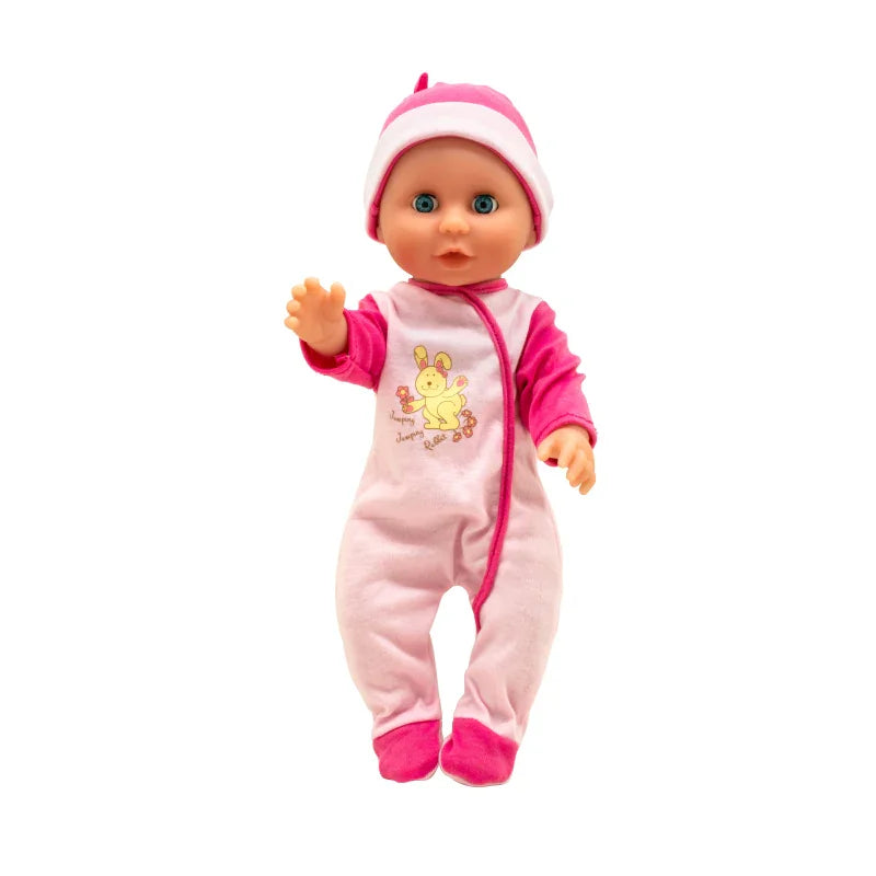 Baby Lily soft bodied drink and wet doll in pink hooded outfit with pacifier shown against a plain background