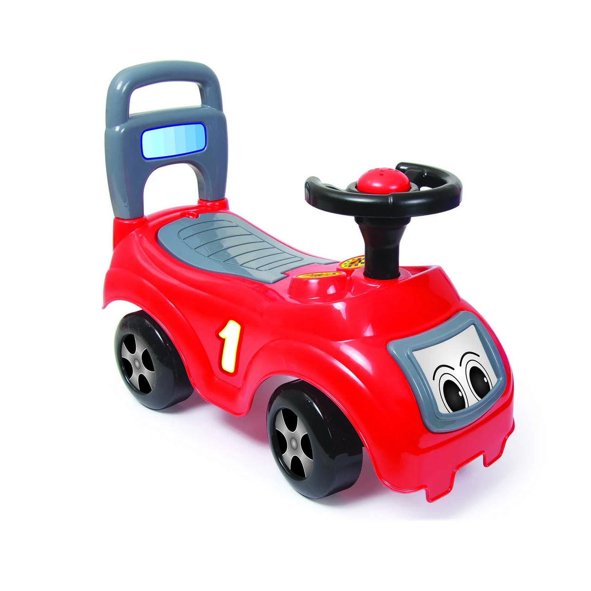 Red Dolu sit n ride car with steering wheel on a white background