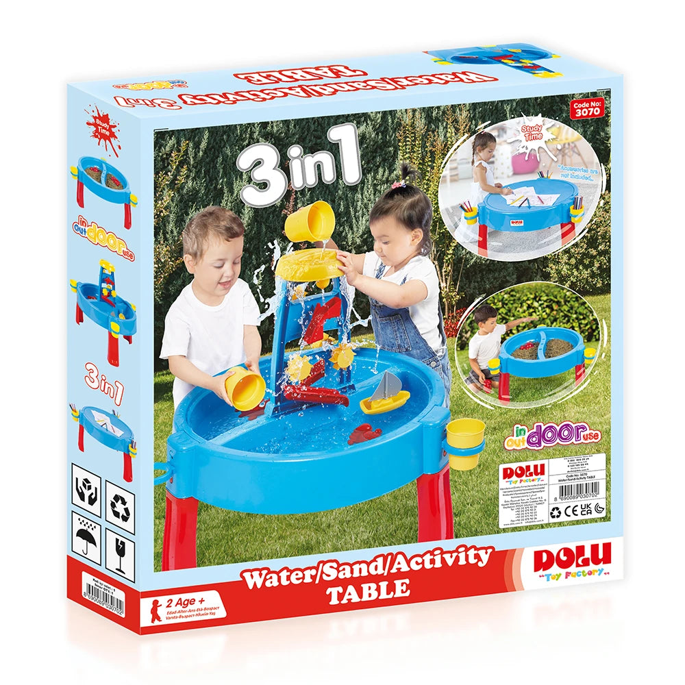 Dolu Sand and Water Activity Table retail box showing children using the table