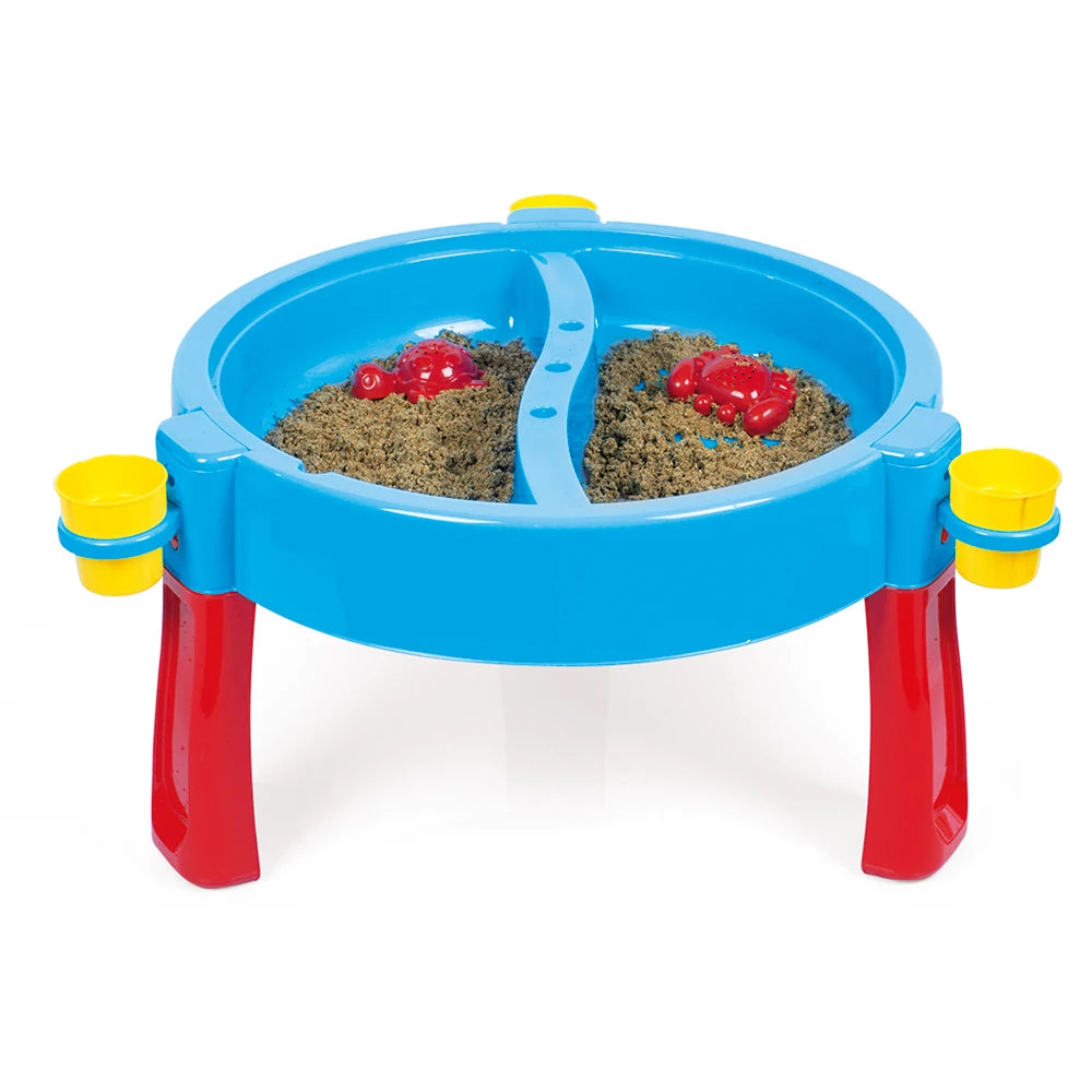 Blue Dolu sand and water activity table filled with sand on a white background