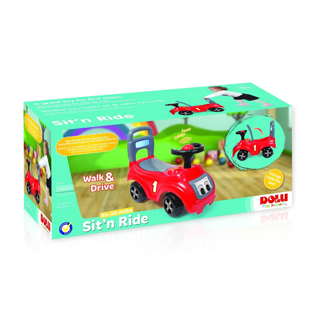 Dolu Sit n Ride red retail box on a white background