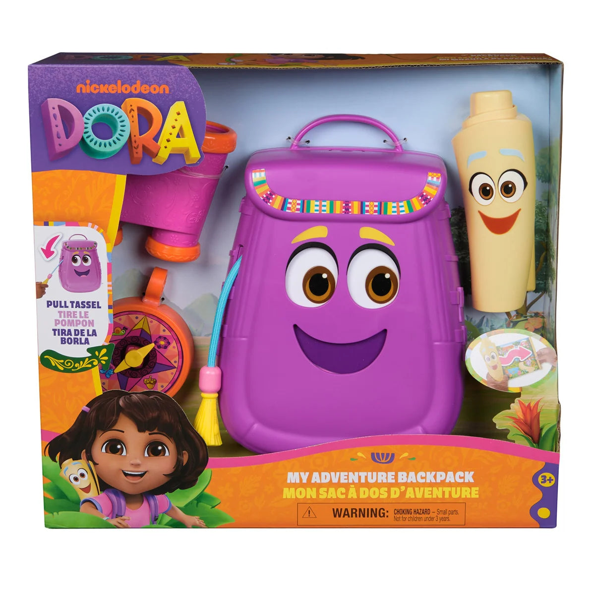 Dora My Adventure Backpack toy in box with map, binoculars, and compass accessories included in Ireland.