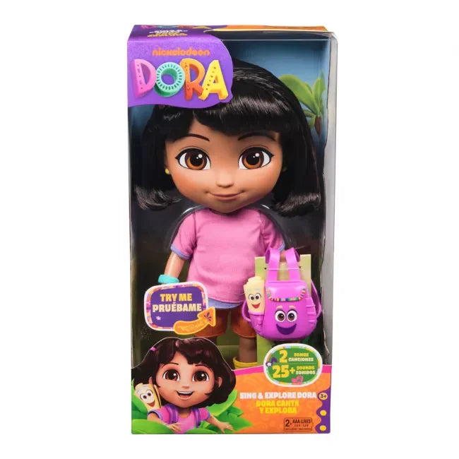 Dora Sing & Explore Best Friend Doll in retail box with Backpack and bilingual play features in Ireland.