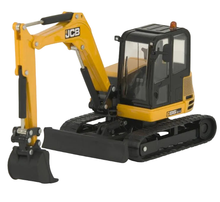 Front angled view of a Britains JCB Midi Excavator with yellow body and black cabin on a white background.
