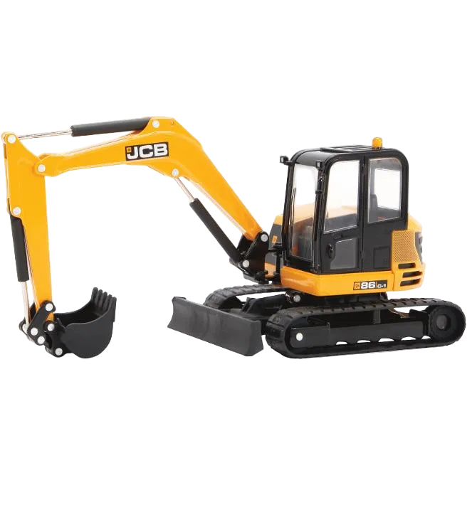 Side view of a Britains JCB Midi Excavator with yellow body and black cabin.