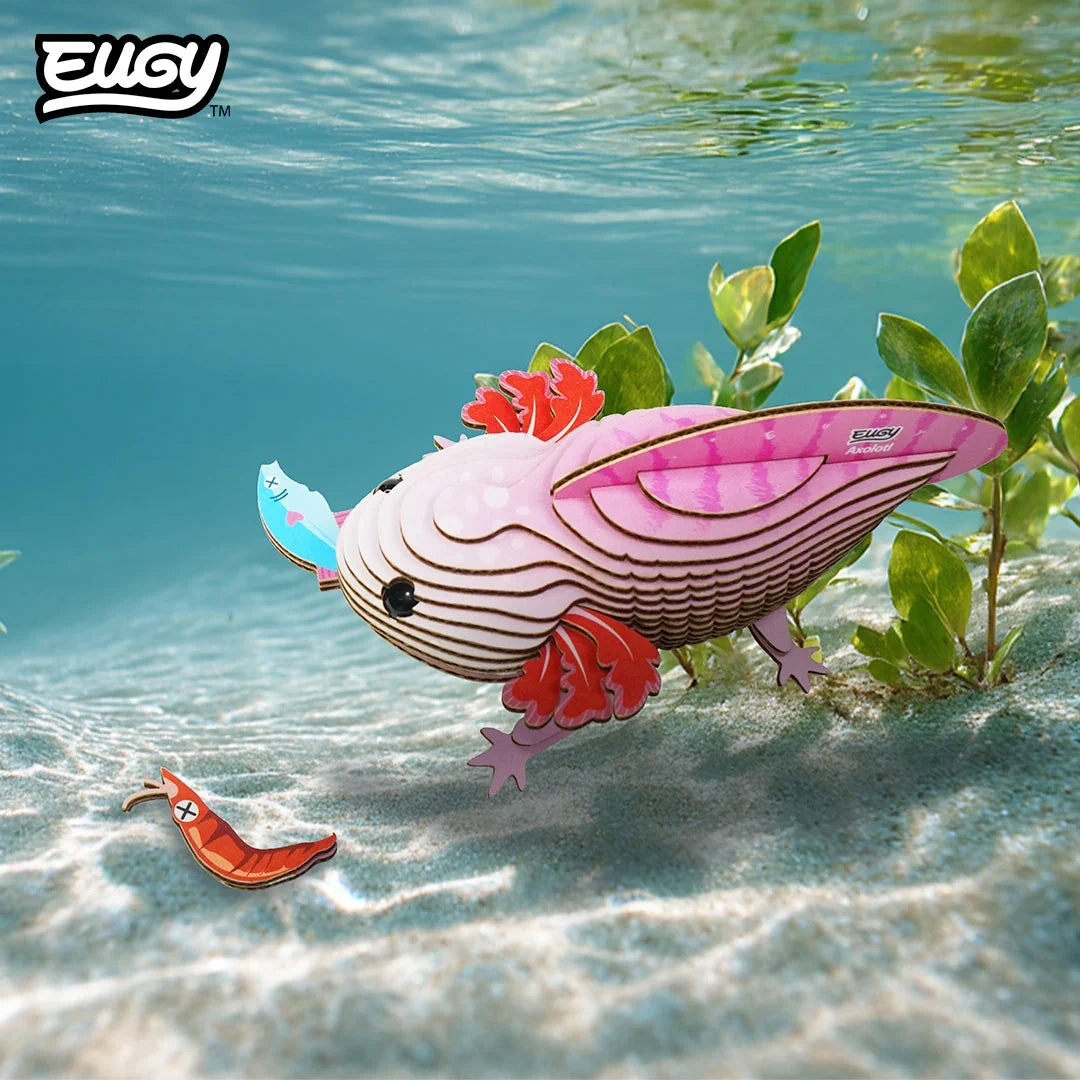 EUGY Axolotl model swimming underwater with pink body and red gills