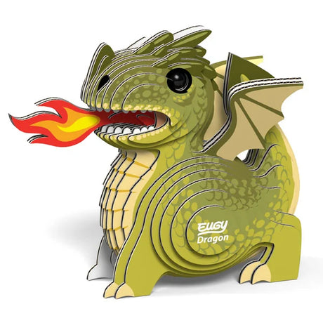 Completed EUGY Dragon 3D cardboard model breathing fire with green scales, wings and detailed texture