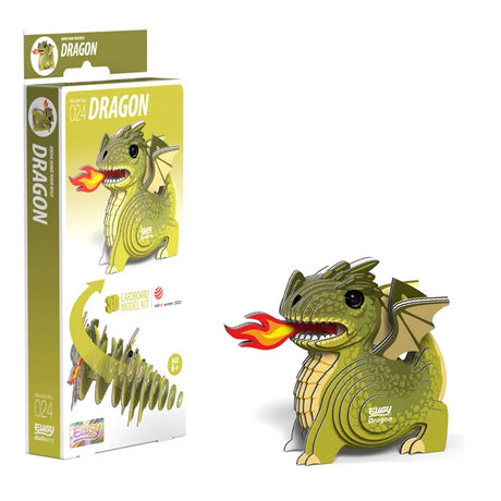 Boxed EUGY Dragon 3D Cardboard Model Kit showing green fire-breathing dragon design and eco packaging
