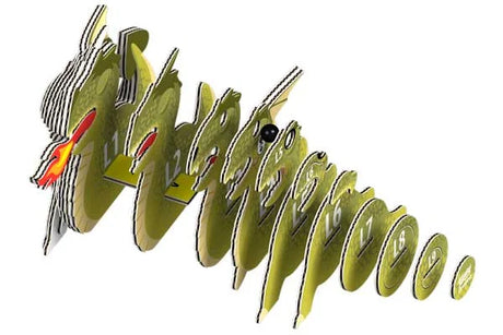 EUGY Dragon model parts displayed in numbered sequence showing how the cardboard layers assemble together