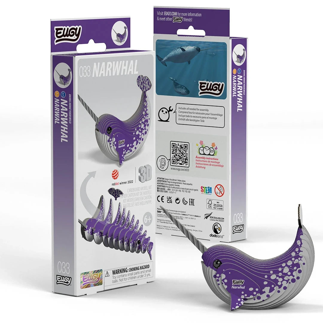 EUGY Narwhal packaging front and back with completed model