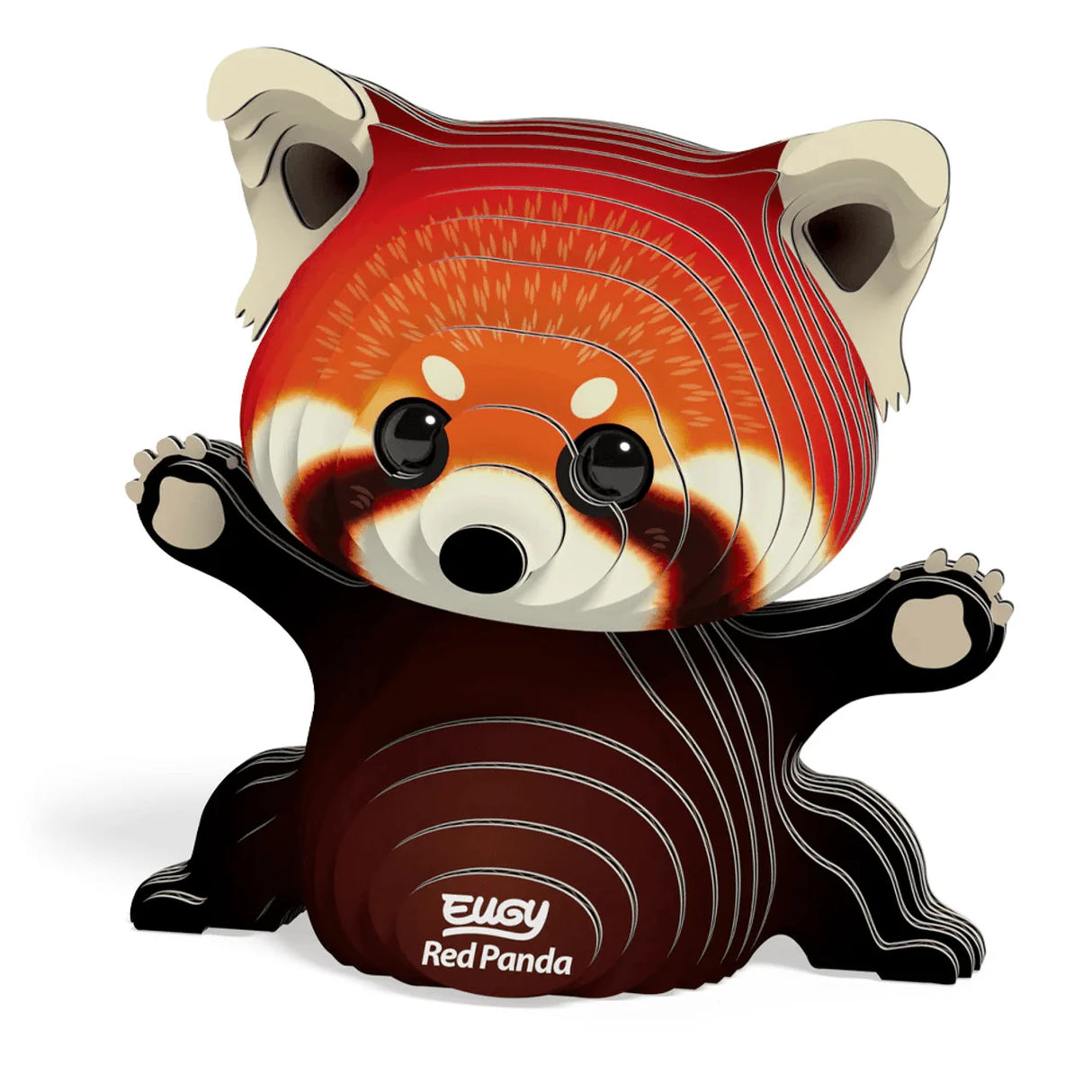 Assembled EUGY Red Panda 3D model showing layered cardboard body and cute face