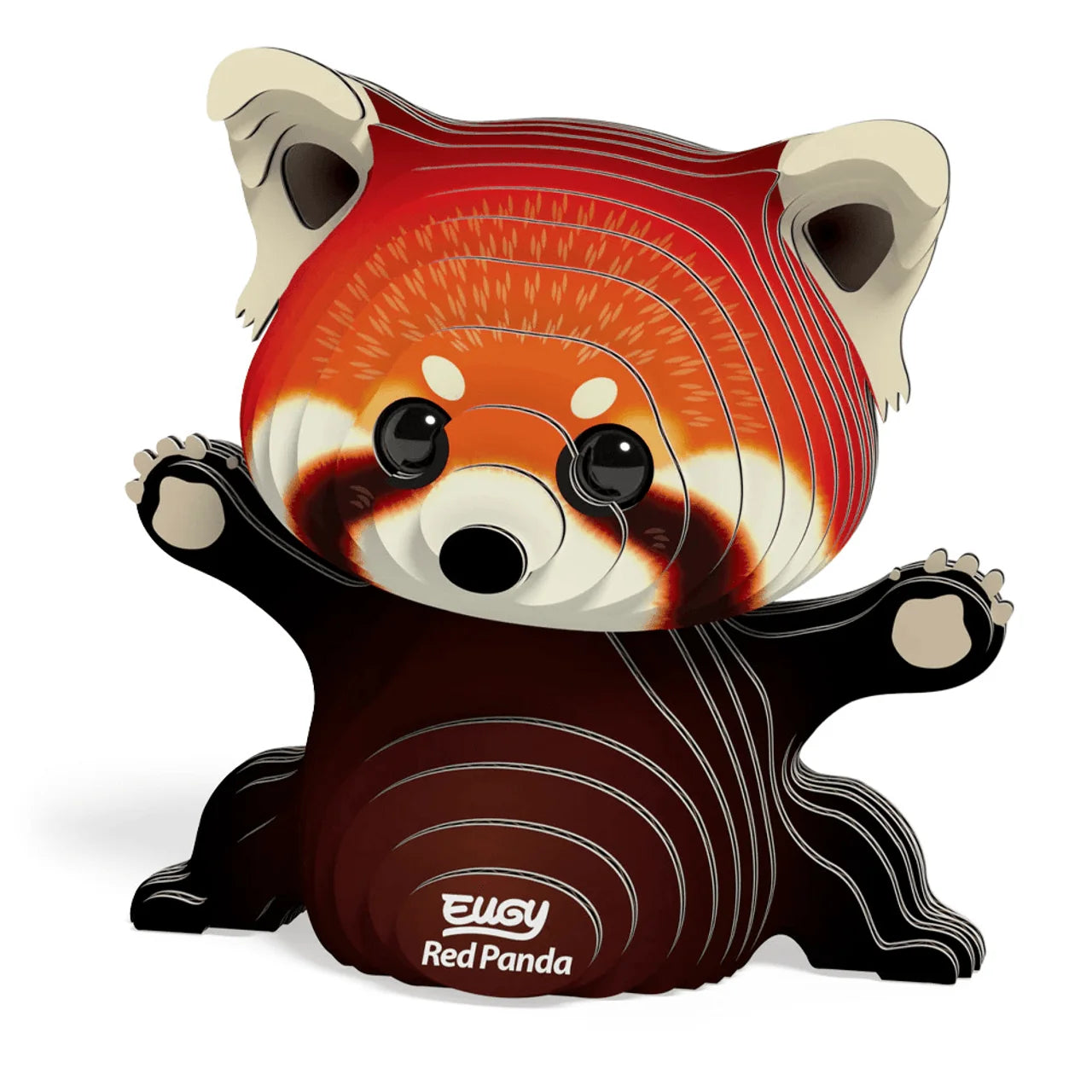Assembled EUGY Red Panda 3D model showing layered cardboard body and cute face