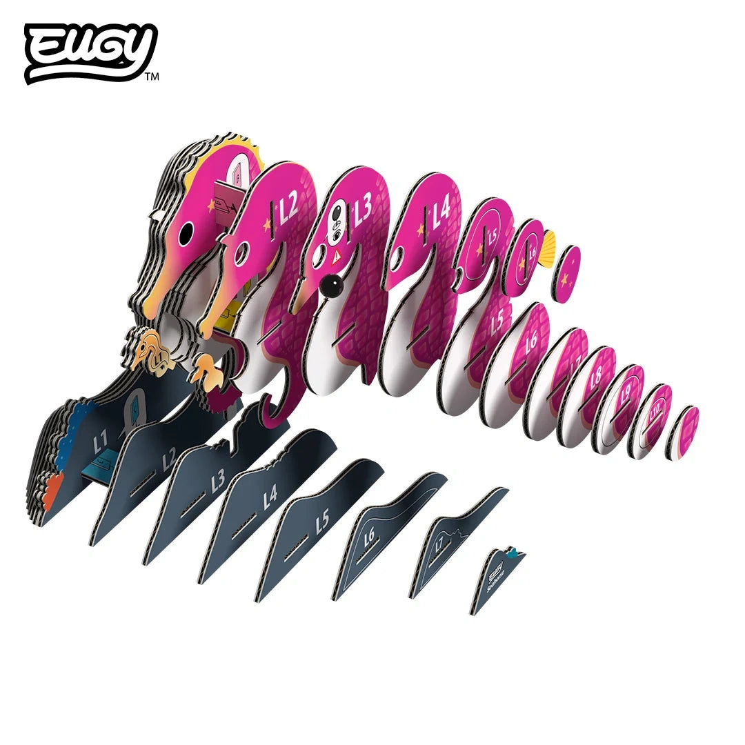 EUGY Seahorse 141 exploded assembly illustration showing individually numbered pink seahorse body pieces and dark blue cardboard base layers