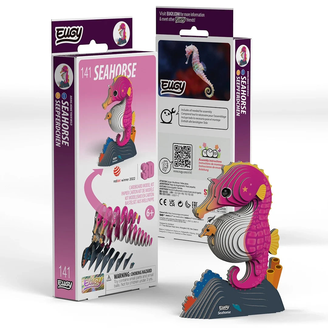 EUGY Seahorse 141 cardboard model kit showing the front and back of the retail packaging beside the assembled pink seahorse model