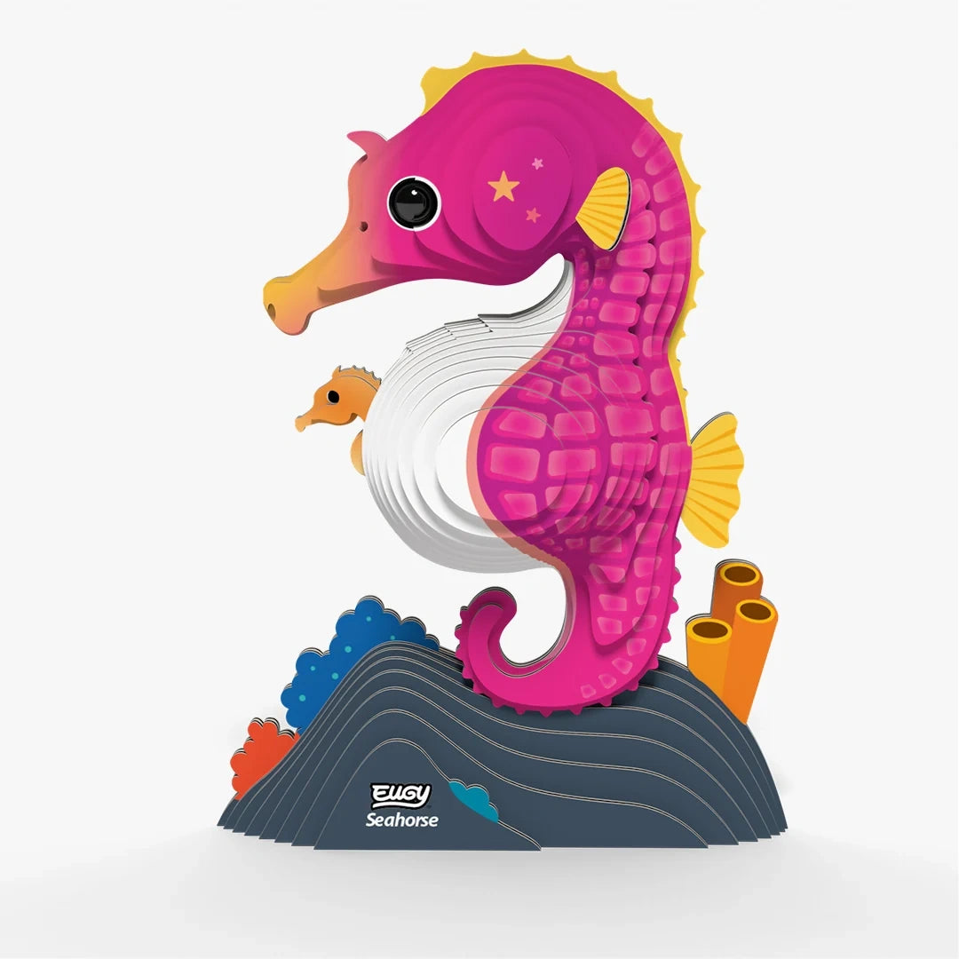 EUGY Seahorse 141 pink and purple model in side profile with orange baby seahorse, white belly, curled tail and colourful coral base