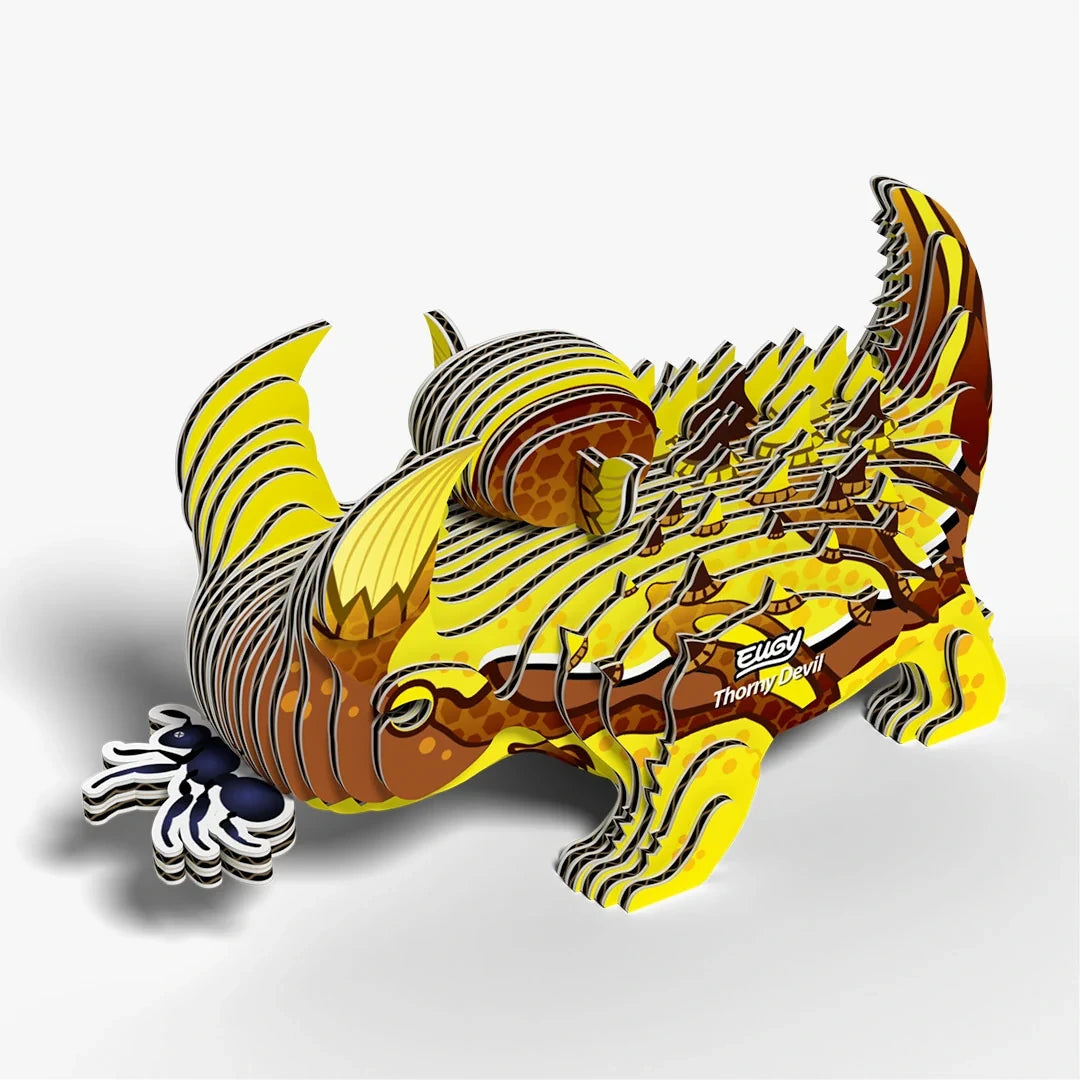 EUGY Thorny Devil front three quarter view showing layered horns and textured body