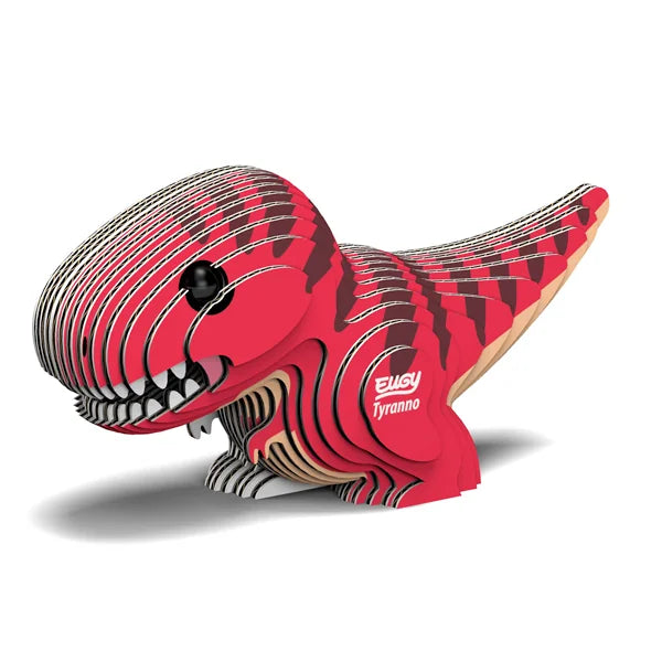 Assembled EUGY Tyranno 3D cardboard dinosaur model with red and black striped body