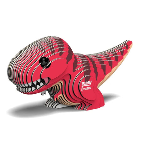 Assembled EUGY Tyranno 3D cardboard dinosaur model with red and black striped body