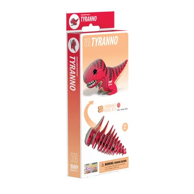 EUGY Tyranno 3D cardboard model kit box showing red dinosaur craft packaging