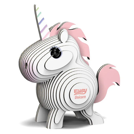 Completed EUGY Unicorn cardboard model with pink mane, striped horn and smiling face on white background