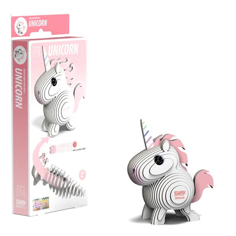 Boxed EUGY Unicorn 3D Cardboard Model Kit showing pink and white unicorn artwork and eco-friendly packaging