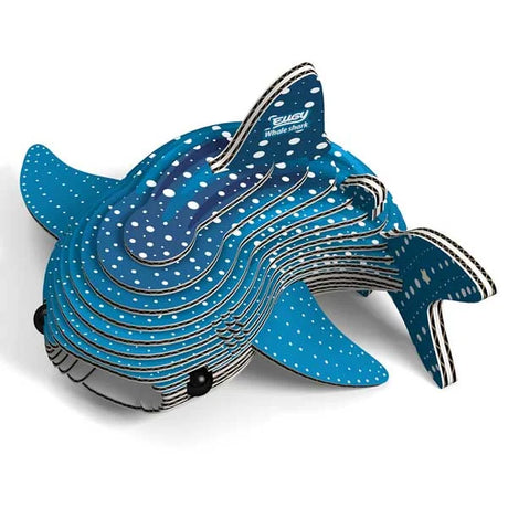 Completed EUGY Whale Shark 3D cardboard model with blue fins, white spots and open mouth.