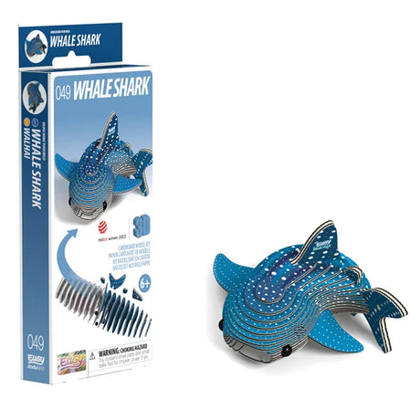 Boxed EUGY Whale Shark 3D Cardboard Model Kit showing blue spotted whale shark design and eco packaging