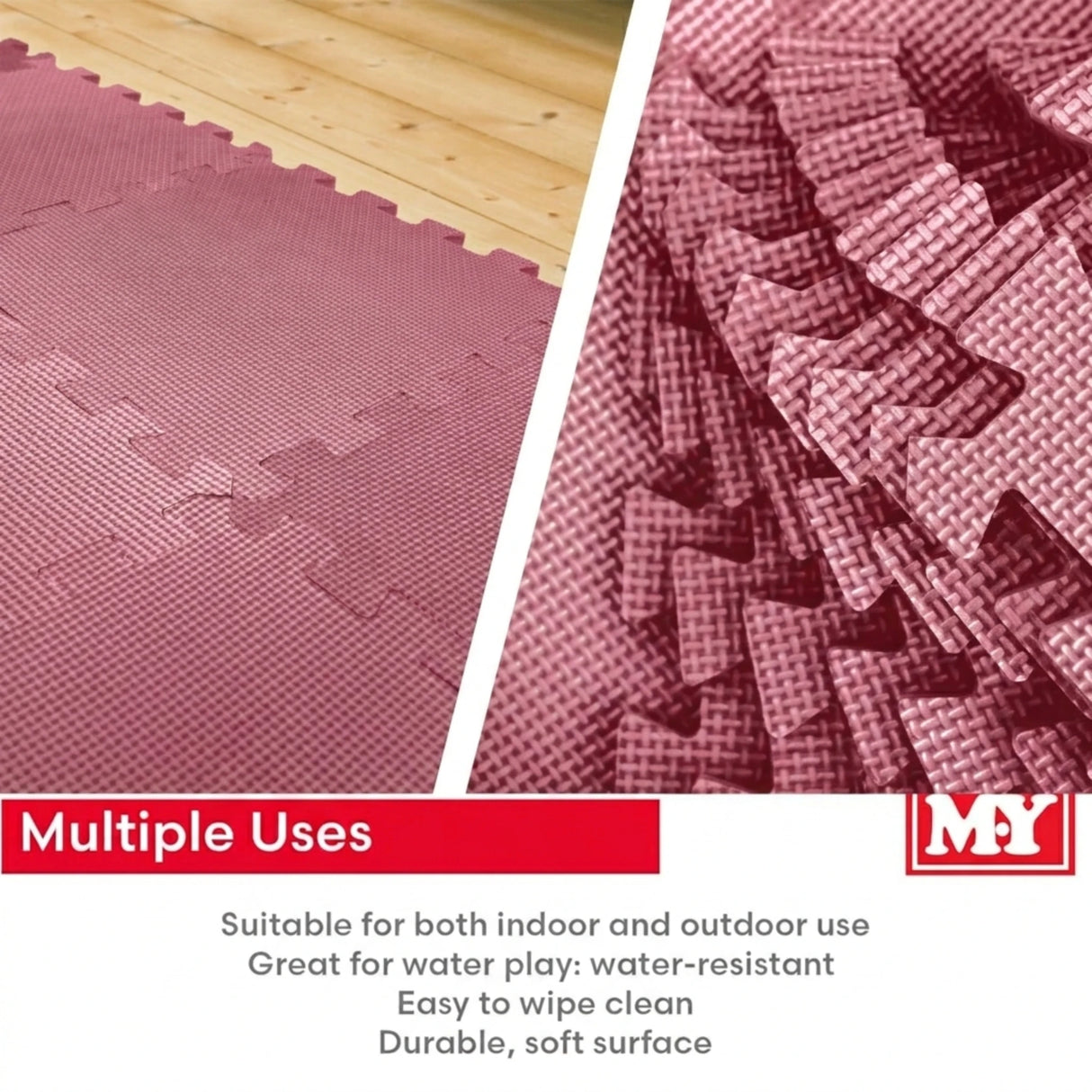 Pink interlocking EVA foam play mats laid on wooden floor beside a close up of stacked puzzle edge tiles, with “Multiple Uses” text and MY logo