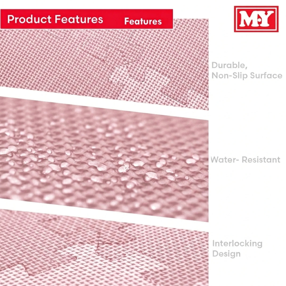 Product features graphic showing three close ups of pink EVA foam mat surface and interlocking edge, with “Product Features” header, MY logo, and text “Durable, Non-Slip Surface”, “Water- Resistant”, and “Interlocking Design”
