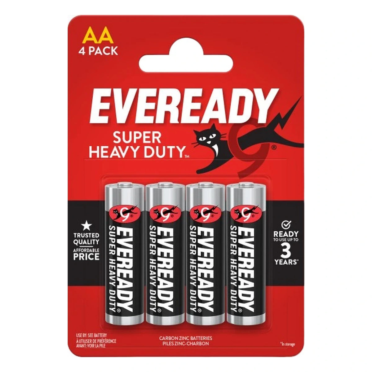 Eveready Super Heavy Duty AA 4 Pack carbon zinc batteries in red packaging with four black and silver batteries