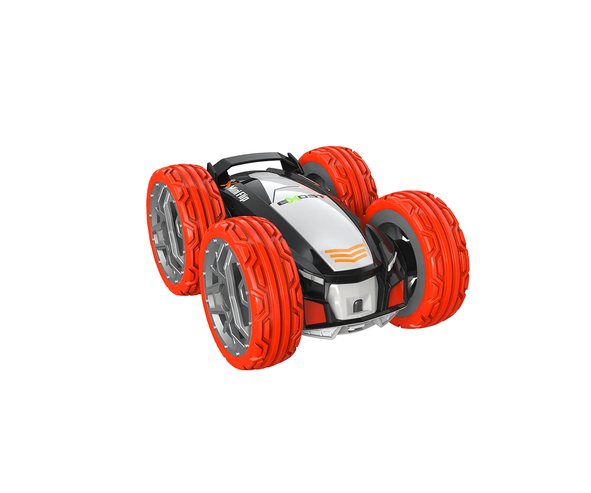 Exost Mini Flip stunt car top view showing red wheels and compact stunt car body