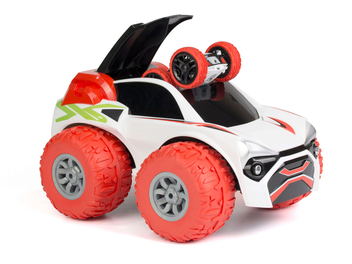 Exost Xtreme Buster RC car with roof open and Mini Flip car stored inside