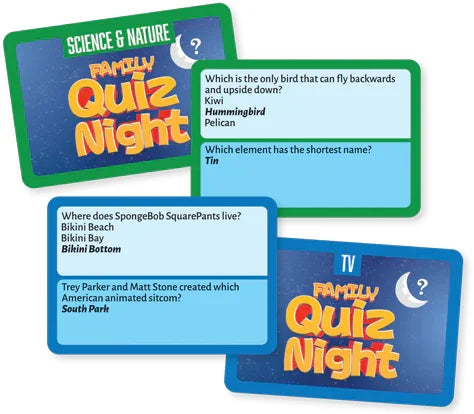 Family Quiz Night trivia cards featuring kids and adult questions in Ireland