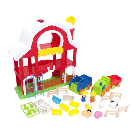 Farm playset with barn, tractor, trailer, fences, farmers, animals, and accessories on white background