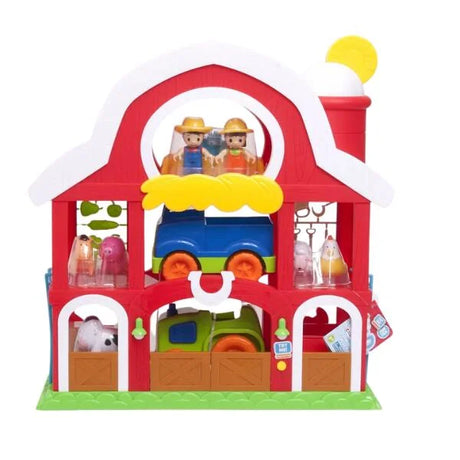 Farm house toy with lights and sound featuring farmers, tractor, and animals inside colorful barn