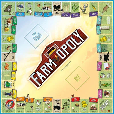 Farm Opoly game board showing farmland spaces and barns in Ireland
