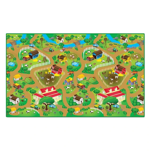 Full top view of the Farm Playmat 200 × 120 cm showing roads, farm buildings, fields, animals, ponds and countryside graphics