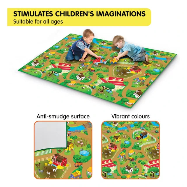 Farm Playmat 200 × 120 cm shown with children using the farm design and close views of the anti-smudge surface and printed colours