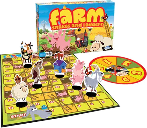 Snakes & Ladders Farm Edition board with animal tokens and spinner set up in Ireland