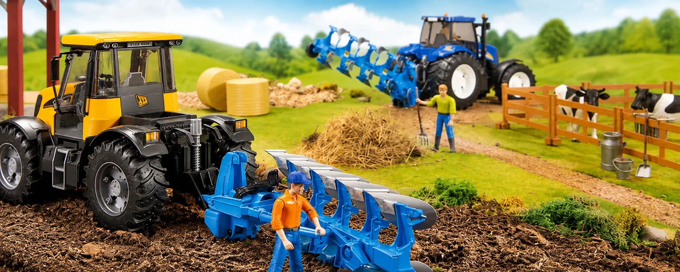 Farm toys scene with two tractors, Bruder figures and cows fenced in.