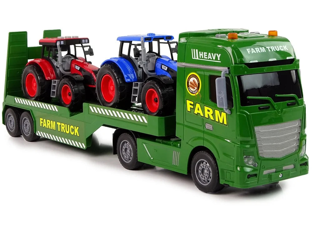 Farm Tractor Transporter toy truck front angled view carrying red and blue tractors in Ireland