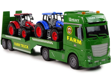 Farm Tractor Transporter toy truck front angled view carrying red and blue tractors in Ireland